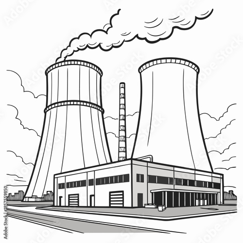 a detailed sketch depicts industrial cooling towers and a large building emitting smoke symbolizing power generation and potential environmental impact
