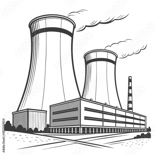 A detailed illustration showcases two large cooling towers and a connected power plant building emitting steam against a simple background