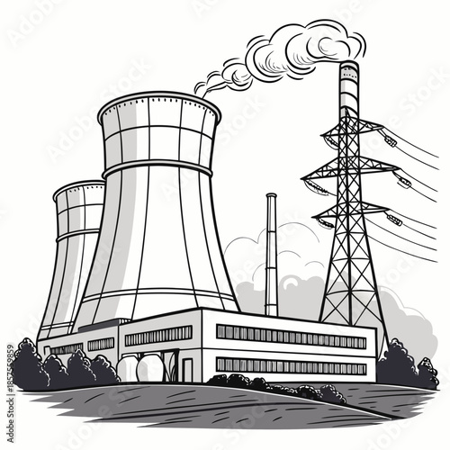 a detailed illustration depicts a power plant with cooling towers a building and power lines against a simple background