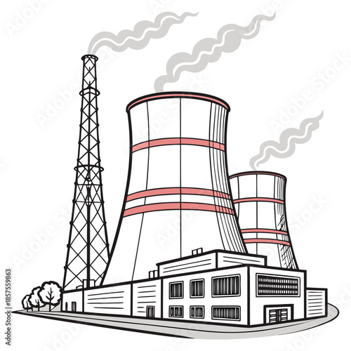 A detailed sketch showcases a power plant with three cooling towers and a building emitting smoke into the sky