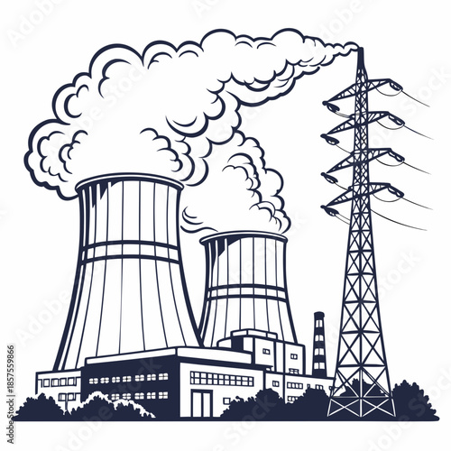 a detailed black and white illustration depicting industrial cooling towers emitting smoke alongside a tall electrical power transmission tower