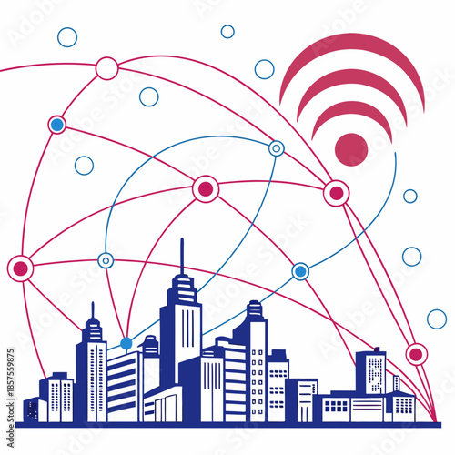 A futuristic cityscape illustration depicts a connected urban environment with wireless signals and network nodes overhead showing smart city technology