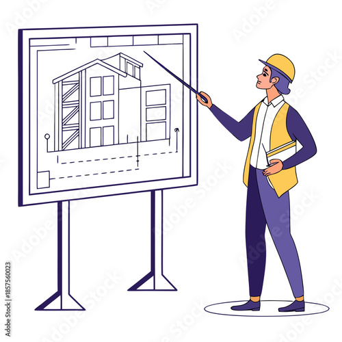 An architect is presenting a detailed building blueprint to colleagues using a pointer to highlight specific design elements and features