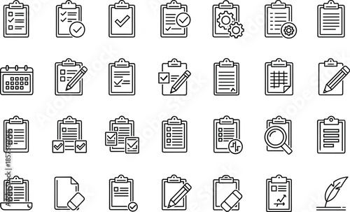 Minimal clipboard, checklist, and document management line icons set for task tracking, reporting, auditing, and office workflow design