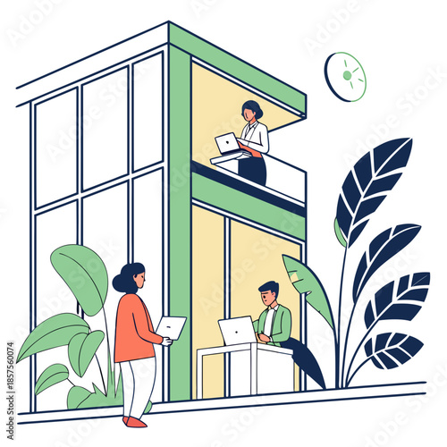 modern office building with multiple workers using laptops both indoors and on an outdoor balcony space high quality