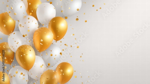 Gold and White Balloons with Scattered Confetti on Light Background in Festive Decorative Composition