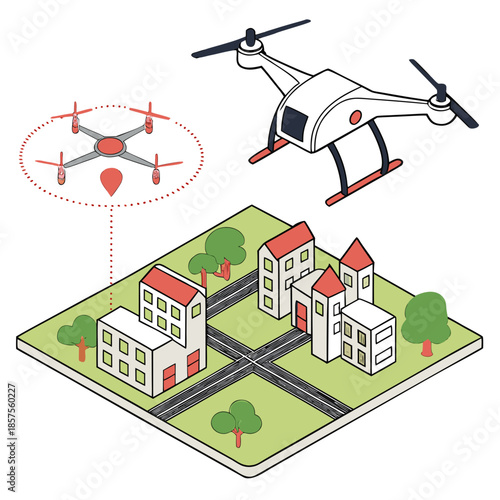 a detailed illustration showcases a drone flying over a small town emphasizing aerial surveillance and urban monitoring technology