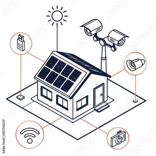 a modern smart home security system powered by sustainable solar energy featuring wireless connectivity and surveillance cameras