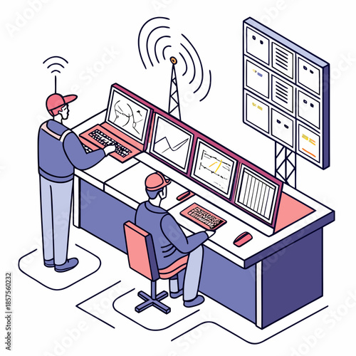 an isometric illustration depicts a modern control room with operators monitoring various data streams and network connectivity