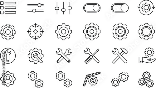 Minimal settings, controls, and system configuration line icons set for user interface design, customization panels, tools, and software management
