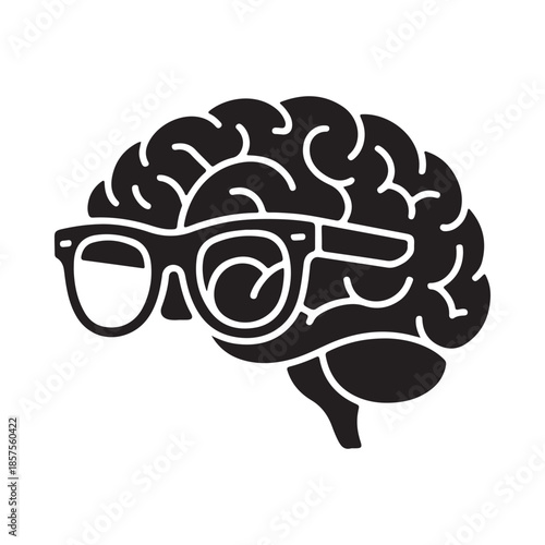 A stylized brain illustration wearing black framed glasses simple and bold design