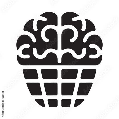 A stylized black and white illustration of a brain in a flower pot