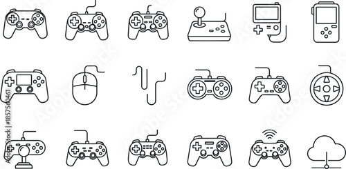 Minimal gaming controller and video game device icon set featuring gamepads joystick console handheld and wireless play symbols in clean outline vector style
