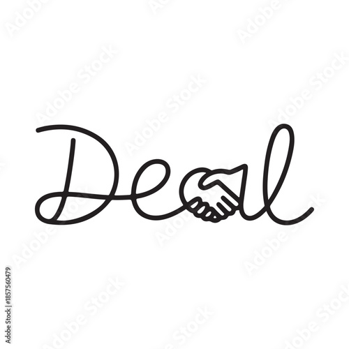 Handshake incorporated into the word deal in a simple line drawing style