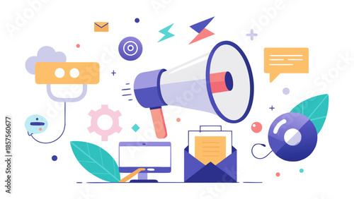 Colorful illustration of business communication and marketing icons around a megaphone