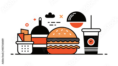 Colorful fast food items including burger, fries, and drink