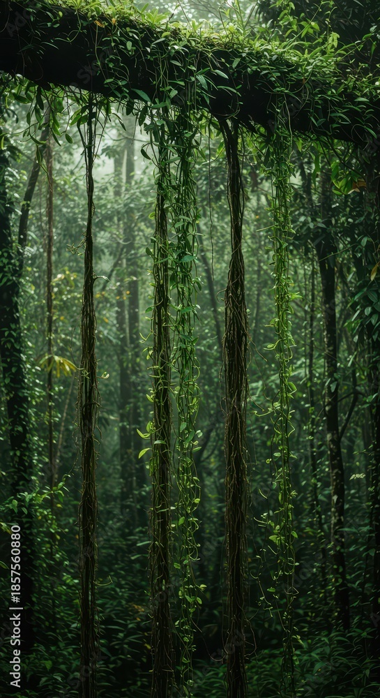 Fototapeta premium Trailing green vines and thick aerial roots descend into humid jungle air, showcasing the resilient and chaotic beauty of nature, close up, growth, vegetation