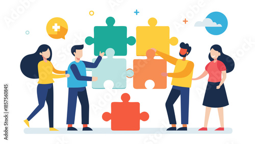 A diverse group of people working together to complete colorful puzzle pieces in a collaborative team effort