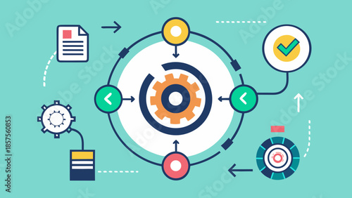 Infographic template with gear and icons for business process management and workflow optimization