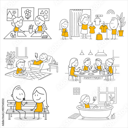 Daily Life Moments Of Characters Having A Pleasant Time At Home And In Social Areas Within The Natural Flow Of Life.