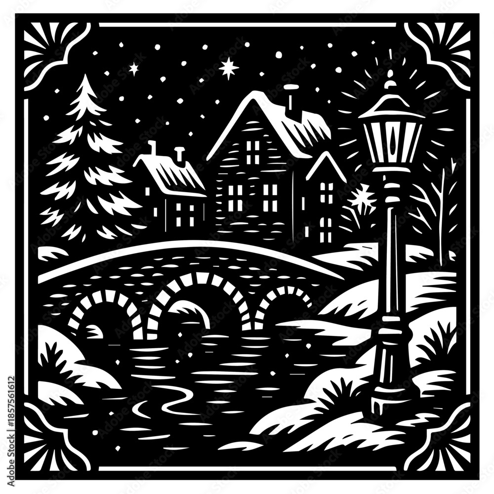 Fototapeta premium Snowy Bridge Village Black and White Engraving Illustration