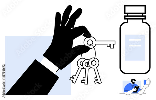 Security, healthcare, digital access, pharmaceutical solutions, innovation, professional tools. Black hand holding keys, bottle and person using a device. Security and healthcare