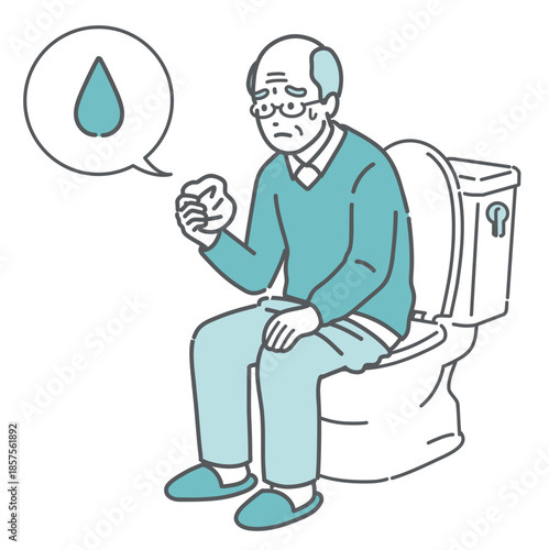 トイレで紙を見て尿漏れや異常を確認する高齢男性のイラスト（尿失禁・前立腺肥大・雫アイコン）
