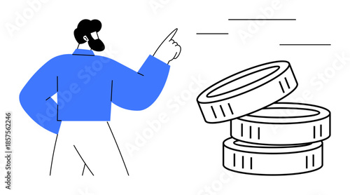 Finance, investment, wealth building, financial planning, savings, economy. Man pointing at stacked coins. Finance and investment through person and currency elements