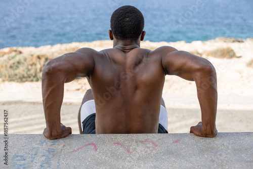 Strong muscular man performing bench dips with ocean view. Rear view of fit athletic man training upper body and arms while doing bench dip exercise outdoors by the sea.