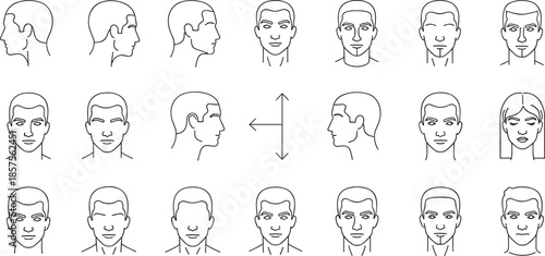 Minimal human face and head icon set featuring male and female portraits front side and profile views in clean outline vector style