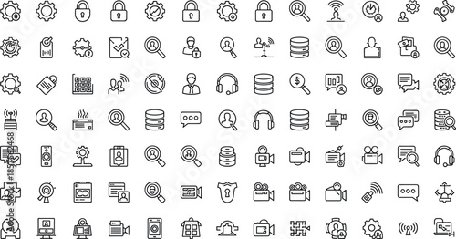 Minimal business technology and security icon set featuring data cloud communication settings analytics devices and digital management symbols in clean outline vector style