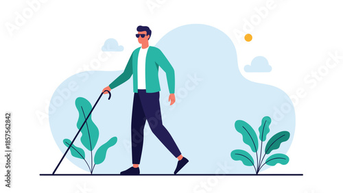 Blind man with dark glasses and a white cane walking outdoors, representing visual impairment and accessibility for disabled people.