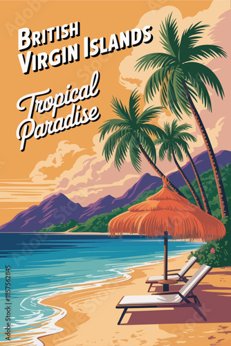 British virgin islands travel poster, depicting a peaceful seaside resort, golden sand beaches, turquoise blue waves, tropical vacation vibes, and a nostalgic vector art design.