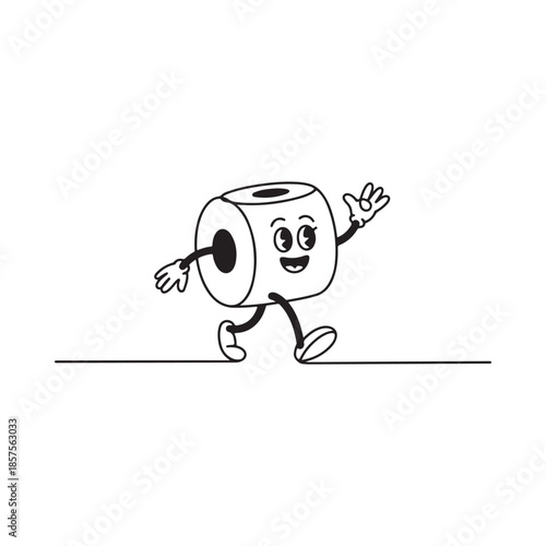 Cartoon toilet paper roll character joyfully running along a straight line