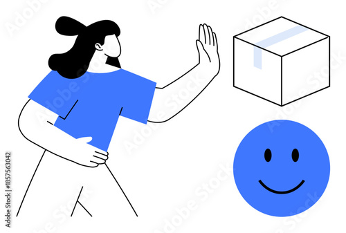 Delivery rejection. Woman gesturing refusal near a boxed package and a smiling face. Delivery customer feedback, decision-making, unwanted items, return processes, logistics