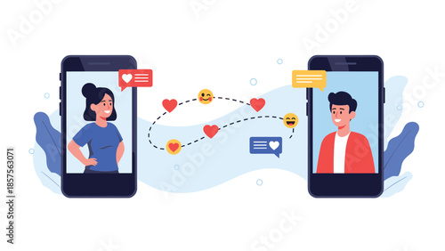Online dating and long-distance relationship concept with a man and woman communicating through their smartphones via a dating app.