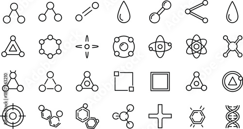 Science and chemistry line icons set illustrating molecules, atoms, biology, physics symbols and laboratory concepts for education, research and interface design