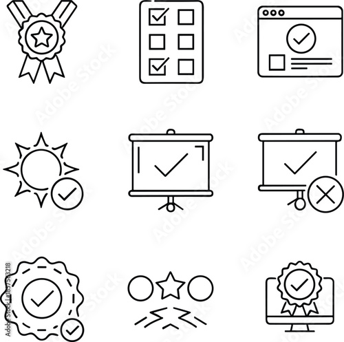 Quality assurance and approval line icons set illustrating certification, checklist, presentation, rating and verification symbols for business, education and interface design