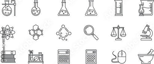 Minimal science and laboratory icon set featuring chemistry glassware research equipment education symbols and scientific analysis elements in clean outline vector style