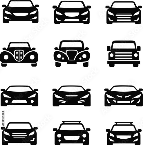 Car front view icons set featuring sedan, suv and vintage vehicles in black silhouette style for transportation and automotive design use