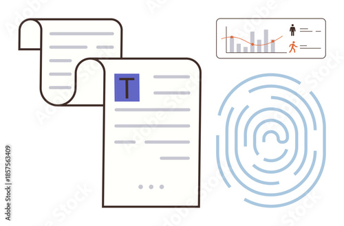Document scroll, fingerprint for biometric ID, and graph analytics for data insights. Ideal for biometrics, security, digital identity, data analysis, technology privacy authentication. Simple flat