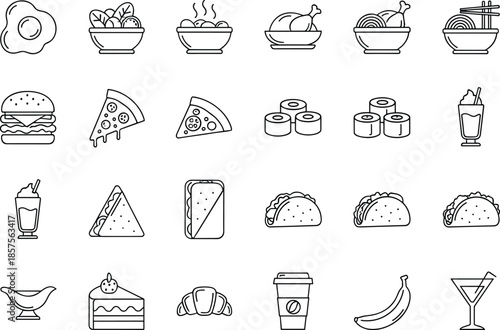 Minimal line food icons set featuring fast food desserts drinks noodles and breakfast meals for restaurant menu and culinary design use