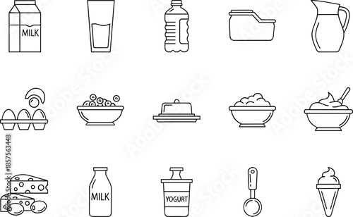 Minimal line icon set of dairy food milk yogurt cheese bowls drinks and kitchen items for grocery nutrition and food design concepts