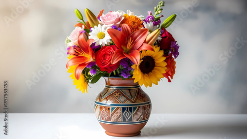 Wallpaper Mural Fresh Bright Flowers in Artistic Pottery Vase — Minimalist Isolated Image Torontodigital.ca