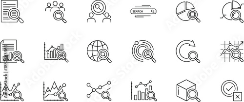 Minimal line icon set of data analysis research search analytics charts reports and business intelligence symbols for marketing and statistics concepts