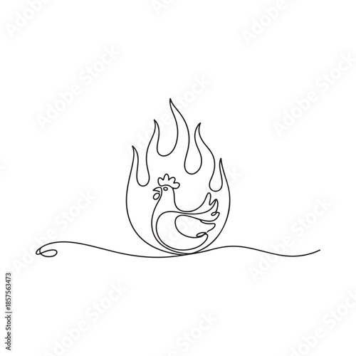 A striking one line drawing of a rooster emerging from flames