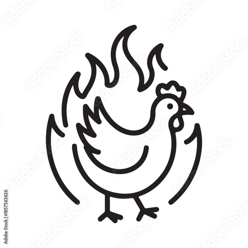 A simple line drawing depicts a rooster with flames around it