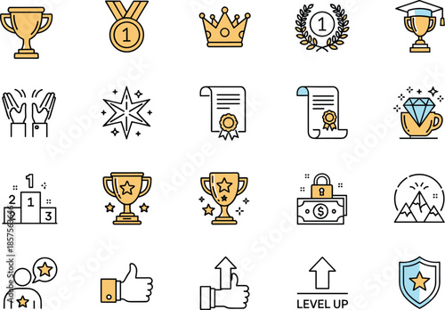 Achievement and success icon set featuring trophies medals awards certificates victory symbols and level up elements for motivation and business concepts