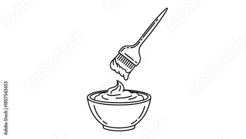 Line art icon of a brush mixing hair dye or color cream in a bowl, representing a hair salon or beauty treatment.