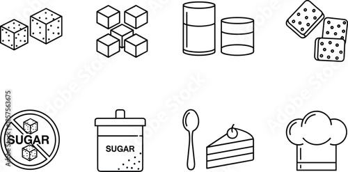 Minimal line icon set of sugar cubes jars desserts baking ingredients and kitchen food symbols for nutrition and culinary design concepts